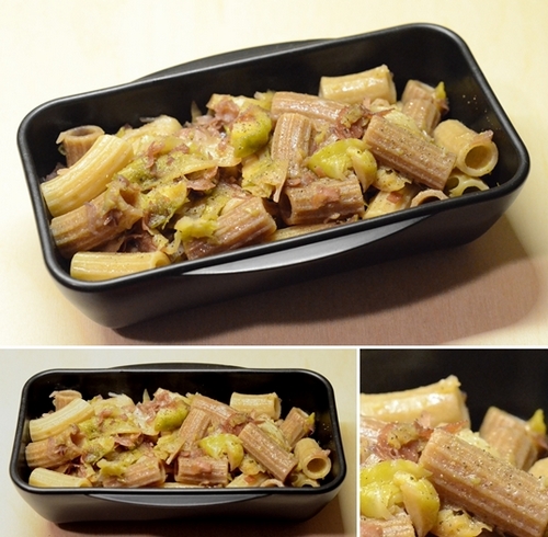 maccheroni tre cereali cavolini bruxelles speck